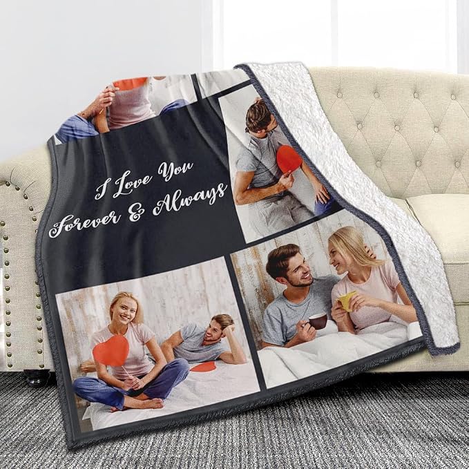 Ships Next Day, Custom Sherpa Fleece Blanket with Photos Text Soft Warm Custom Blanket Personalized Couples Gifts for Boyfriend Girlfriend Customized Picture Blanket Gifts for Christmas Valentines Day