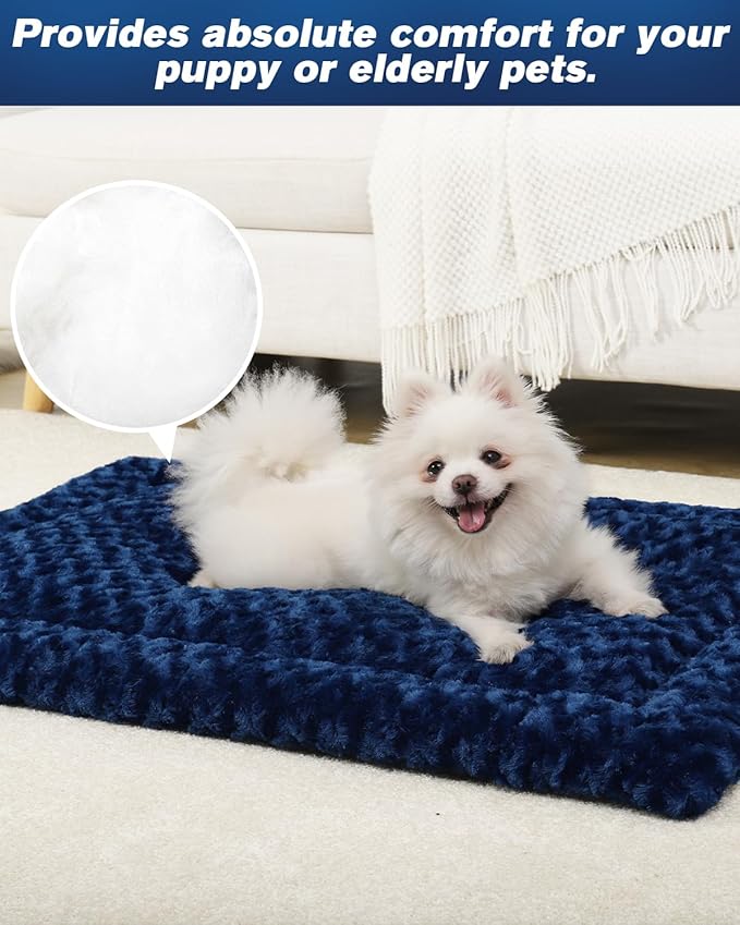 Exsnugy Washable Dog Bed Mat Medium Size Fluffy Pet Crate Pad 36x23 | Non-Slip Bottom Kennel Beds Ultra Soft Comfy Sleeping Mattress for Large Medium Small Dogs Blue