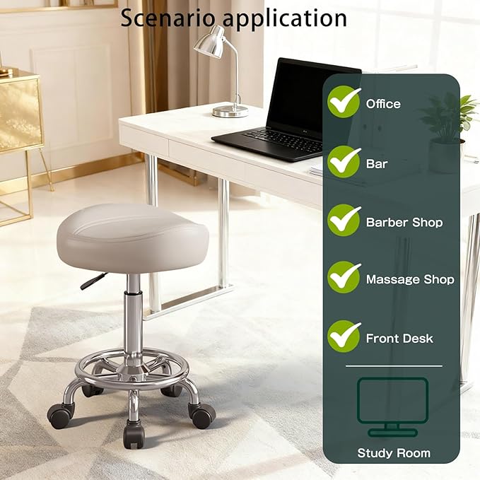 Saddle Stool, Adjustable Height Ergonomic Swivel Chair with Wheels, PU Leather Saddle Seat with Ring Pedal for Salon, Massage, Clinic, Lab, and Office