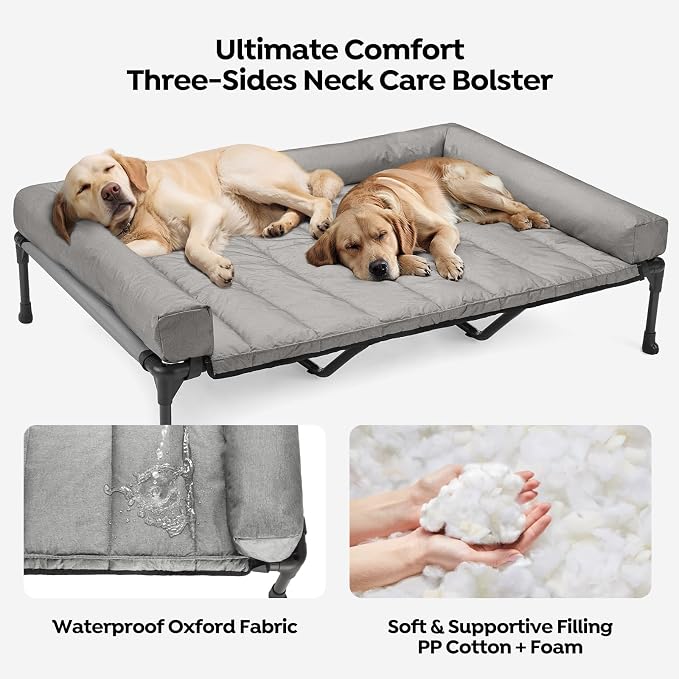 Veehoo Outdoor Elevated Dog Bed with Waterproof Bolster Cushion, Cooling | Raised Dog Bed with Removable & Washable Mat Topper, Breathable Mesh, Dog Couch Cot for Indoor Outdoor, 59", Large, Grey