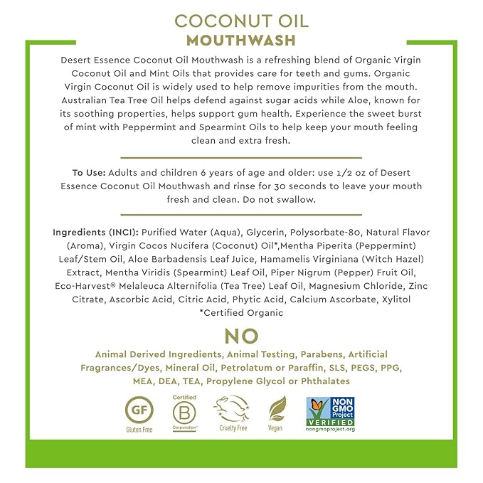 Desert Essence Coconut Oil Mouthwash- Alcohol & Sugar-Free - Coconut Oil & Tea Tree Oil Mouthwash for Adults & Kids 6+ - Promotes Gum Health, Fresh Breath, Soothing