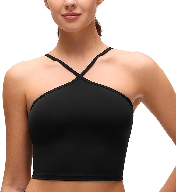 CRZ YOGA Butterluxe Cross Neck Crop Tank Tops for Women - Spaghetti Straps Square Back Padded Yoga Sports Bras