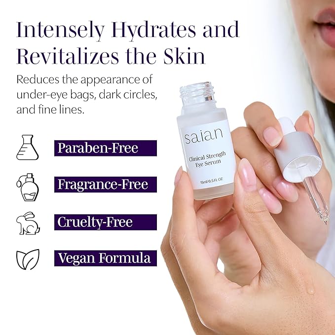 Saian Clinical Strength Eye Serum - Under Eye Serum for Dark Circles and Bags - Hydrating Hyaluronic Acid Peptide Depuffer for Puffiness and Fine Lines - Vegan Care for the Under Eye Area - 0.5 Fl Oz