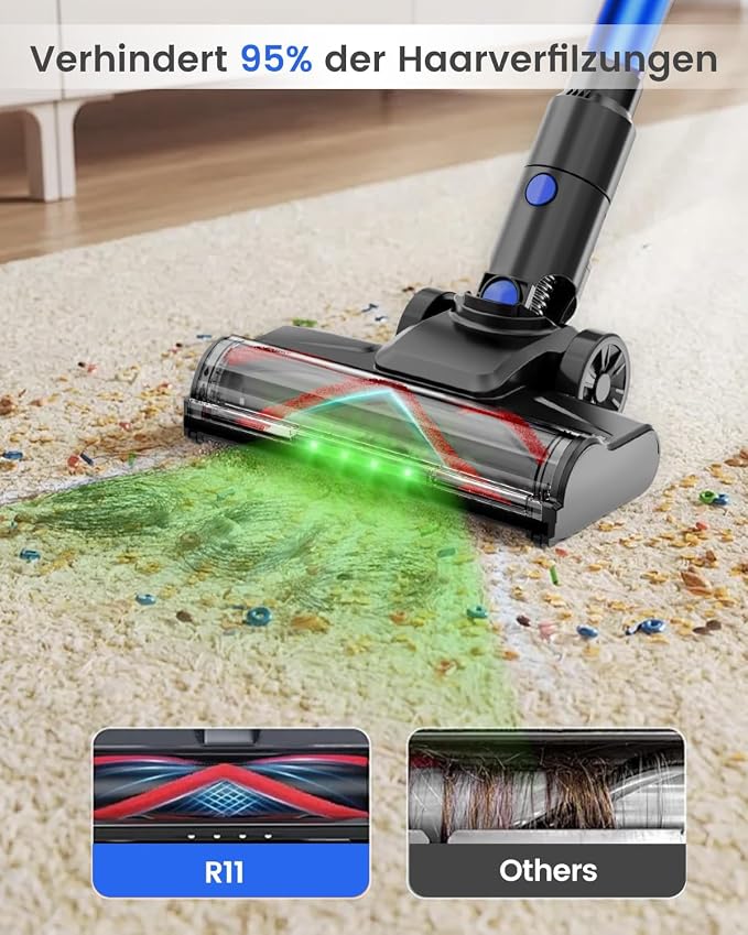 Cordless Vacuum Cleaner, 500W 40KPa 60Mins Vacuum Cleaners for Home, Anti-Tangle Rechargeable Vacuum with Green Light Wireless Vacumm for Pet Hair/Carpet/Hardwood Floor Blue