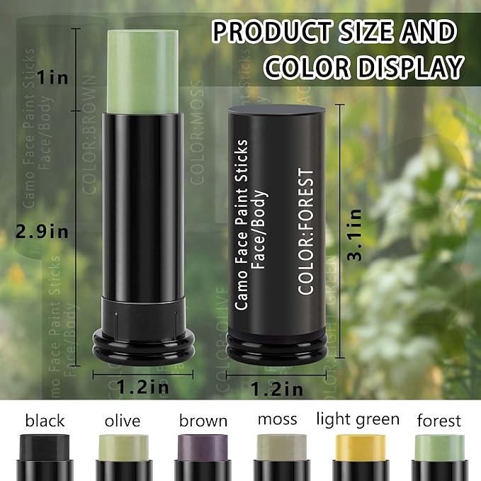 RunNico 6 Colors Camo Face Paint Kit, Waterproof Camo Makeup Sticks, Hunting Woodland Face and Body Paint Stick for Outdoor Hunting Use Makeup Cosplay Party Accessories (6 Pcs)