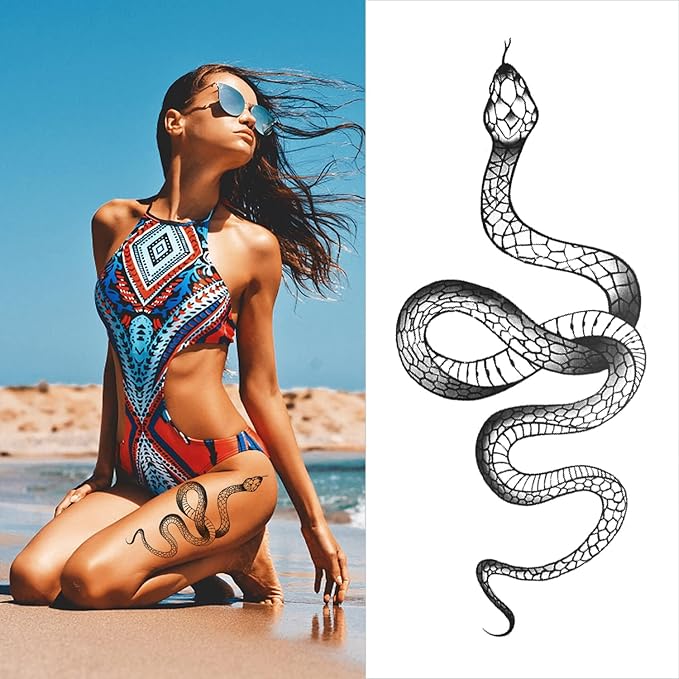 Fashion Realistic Big Size Black Snake Temporary Tattoo Stickers for Women Men Waterproof Fake Tattoo Waist Body Forearm Arm (Pack of 4)