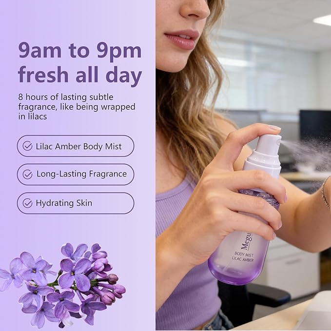 Lilac Amber Body Spray for Women, Long Lasting Floral Woody Fragrance Mist, Paraben & Phthalate Free, Gentle Elegant Daily Perfume, Skin Safe Feminine Body Scent, Travel Size 3.38 fl oz (100ml)