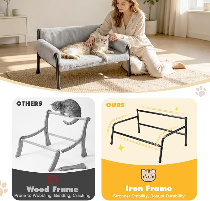 Pawaboo Elevated Cat Couch Bed for Indoor Cats, Sturdy Metal Frame Cat Sofa | Cat Bed Furniture with Removable Washable Cover, Reclined Backrest, Fluffy Raised Pet Sofa Kitten Hammock Chair Home, Gray
