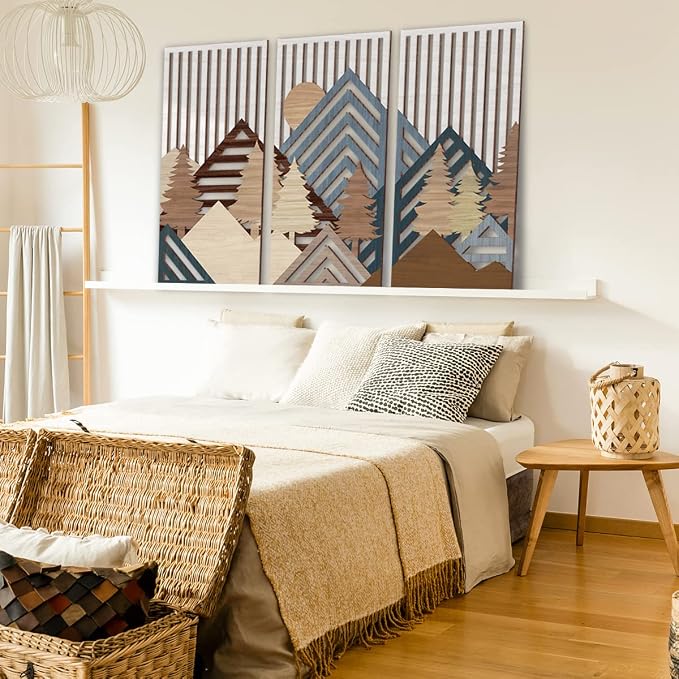 IARTTOP Abstract Mountain Wood Wall Art Large Geometric Forest Pine Trees Wooden Wall Decor Boho Sun Nature Landscape Wall Decor for Bedroom Living Room Office-16 x32 Inch Set of 3