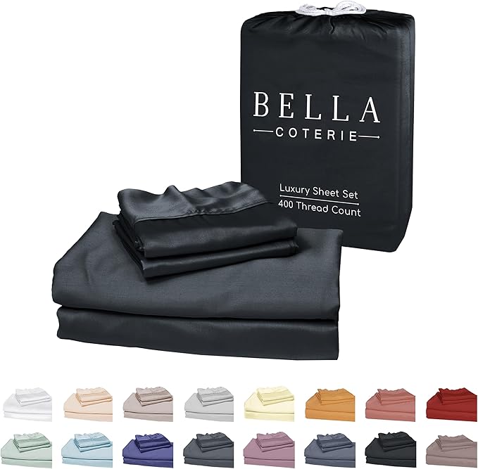Bella Coterie Luxury Bamboo Viscose Split King Size Sheet Set | 2 Fitted Sheets for Sleep Number & Adjustable Beds | 100% Organically Grown | Cooling & Ultra Soft | 18” Deep Pocket [Black]