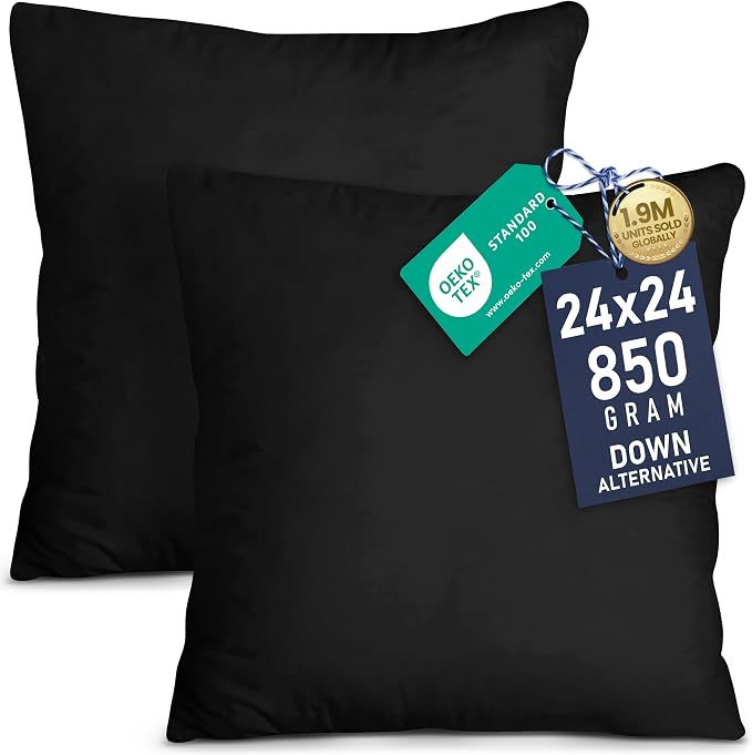 Utopia Bedding 24x24 Pillow Inserts, Set of 2, Black – Indoor Decorative Throw Pillows for Bed, Sofa & Couch – Soft, Supportive & Fluffy Cushion Inserts