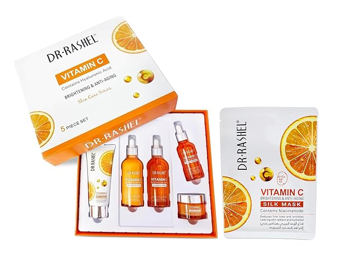 Dr Rashel Vitamin C Skin Care Series , Contains Hyaluronic Acid, Anti Aging and Collagen Essence ( Pack Of 5 Piece Set ) + 1 Pcs of Vitamin C Silk Mask