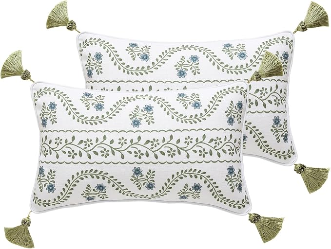 Designer Linen Throw Pillow Cover,Set of 2,20"x12"-Mosella D | French Elegant Rectangle Decor Pillow Cover,Concealed Zipper Design,Floral Pattern,Sofa,Bedroom,Living Room,Lounge Chairs