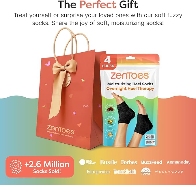 ZenToes Moisturizing Socks for Cracked Heel Treatment, Vitamin E, Olive Oil and Jojoba Oil Heel Socks, Stocking Stuffers for Women, Spa Self Care Gifts for Women (Fuzzy Black, Wide Width)