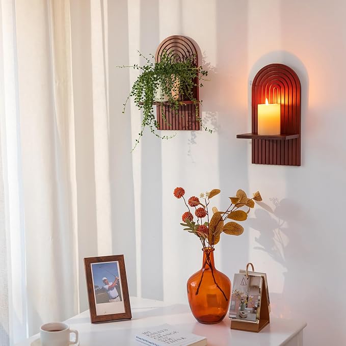 Mid Century Modern Walnut Wall Candle Holder Set of 2 | 3D Arch Candle Sconces, MCM Decor, Wooden Minimalist Shelf, for Plants or Pillars, for Living Room Fireplace