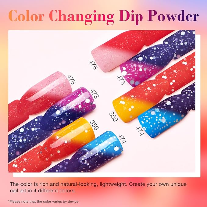 AZUREBEAUTY Color Changing Dip Powder Nail Kit Starter Fall Winter Glitter Pink Blue Purple Orange Mood Temperature Change Dipping Powder Liquid Set with Base Top Coat Activator for Home Manicure Gift