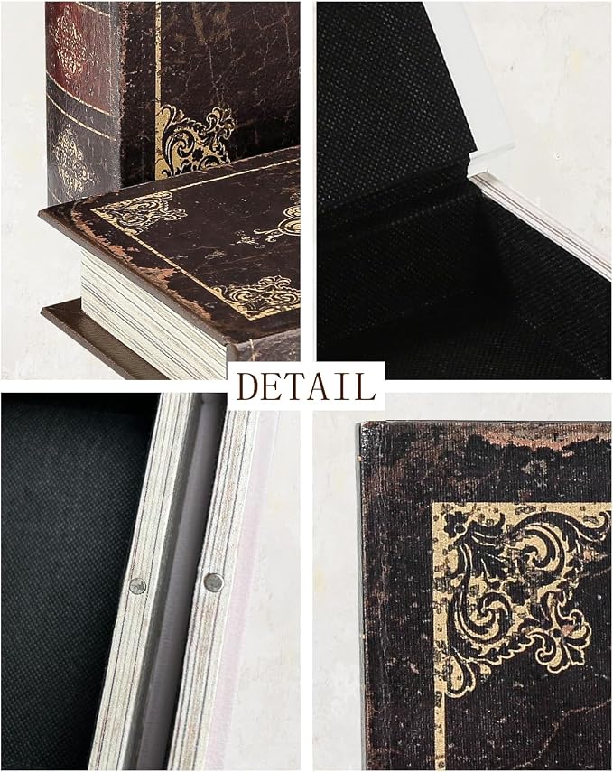 Wooden Book Box Set of 3 with Magnetic Closure and Vintage Leather Cover Design, Non-Woven Fabric Interior, Decorative Secret Storage for Bookshelves and Home Office