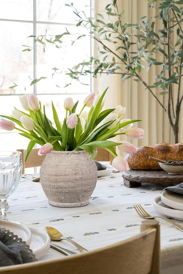 Briful Rustic Vintage Ceramic Pottery Vase, 6.1'' Farmhouse Table Decor with Distressed Texture, Wide Mouth Decorative Jar Vases for Home Decor, Shelf & Entryway, Cream White