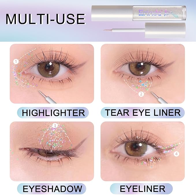 Erinde Liquid Glitter Eyeshadow Eyeliner, Korean Makeup Bling Under Eye Shadow, Shimmer Metallic, Lightweight Waterproof Long Wearing, Loose Glue for Sparkly Crystals Eye Makeup, Colorful Sequins