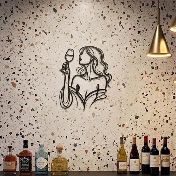 LIYAOLI Black Metal Wall Art Decor, 3D Woman Drinking Wine Sculpture for Bar, Kitchen