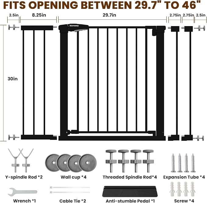 Mumeasy 29.7-46" Baby Gate for Stairs, Auto Close Dog Gate for Doorways
