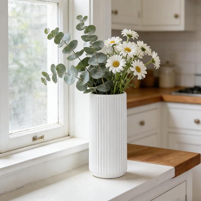 White Ceramic Flower Vase for Pampas Grass, 10 inch Large Decorative Centerpiece Ribbed Vase for Dining Table, Office Desktop, Shelf Bookshelf, Mantel, Entryway, Bathroom, Countertop, Farmhouse, Gift