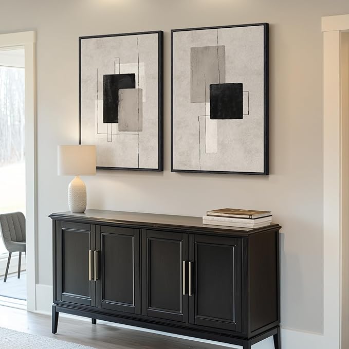 Large Framed Neutral Black Beige Abstract Wall Art for Living Room, 2 Piece Modern Canvas Prints Paintings Artwork for Walls, Minimalist Block Lines for Dining Room Bedroom Office Wall Decor 24x36 In