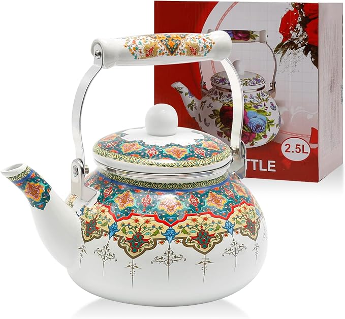 Anxingo Colorful Water Tea Kettle,Tea Kettle Pot for Stove, Top Porcelain Large Enamel Tea Kettle 2.5L,Retro Classic Design (style3)