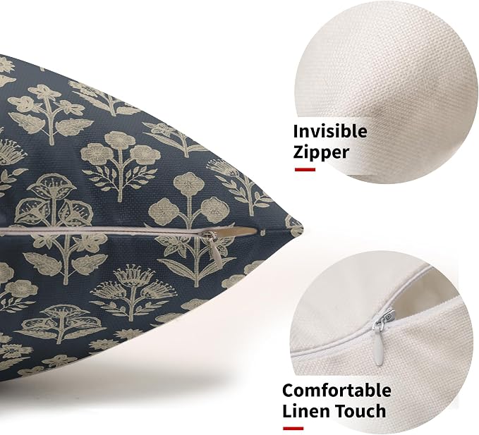 Dusty Blue Pillow Covers 12x20 Inch Set of 2, Cream Floral Block Print Pattern Lumbar Decorative Throw Pillowcases Outdoor Farmhouse Rectangle Cushion Covers Spring Summer Sofa Couch Bed Decor