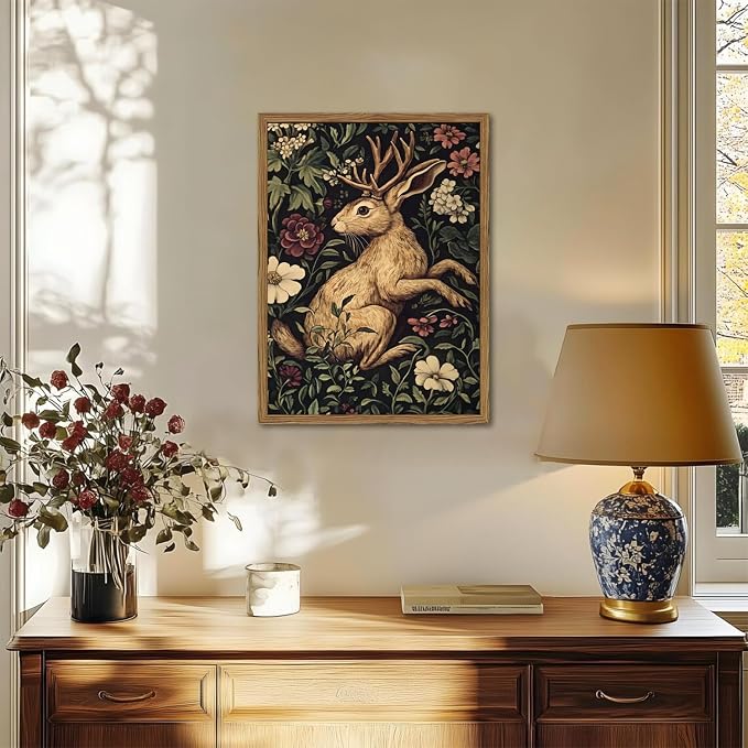 Vintage Rabbit Wall Art Whimsical Dark Cottagecore Jackalope Wall Decor Painting Moody Animal and Botanical Poster Canvas Print for Living Room Bedroom 16x24 inch Wood Framed