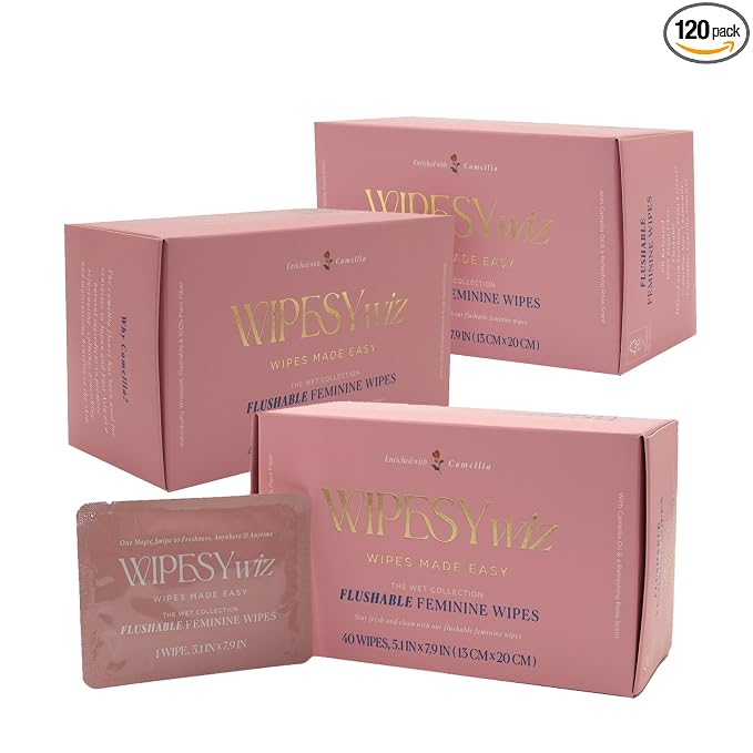 Flushable Feminine Wipes, 3 Pack/120 Count Total, Individually Wrapped Intimate Wipes, pH-Balanced, Odor Block, Infused w/Camellia, Chamomile, Aloe, Gentle for Feminine Care/Hygiene