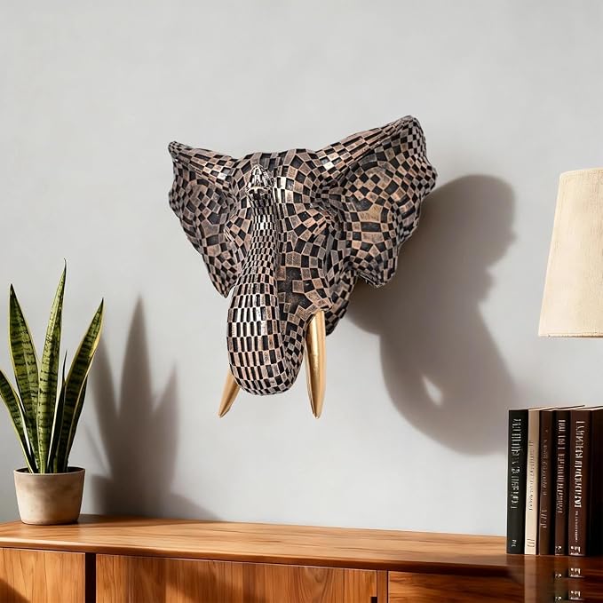 GIGICICI 9x7.8-Inch Vintage Mosaic Elephant Head Wall Sculpture Art Mount Statue for Room Bedroom Office Living Decor(Brown)