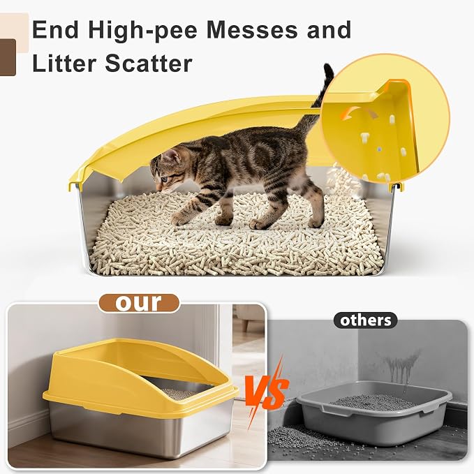 AIPERRO Stainless Steel Litter Box | XL Metal Cat Litter Boxes with Lid | Enclosed High Sided for Big Cats | Anti-Urine Leakage | Non-Stick & Easy to Clean with Litter Mat & Metal Scoop (Yellow)