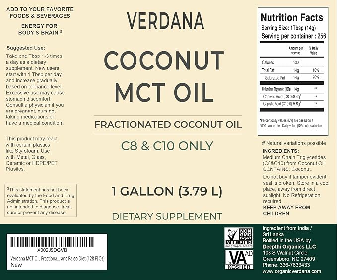 Verdana MCT Oil, Fractionated, 100% from Coconut - 1 Gallon - Kosher Food Grade, Vegan, Non-GMO - Great for Keto and Paleo Diet (128 Fl Oz)