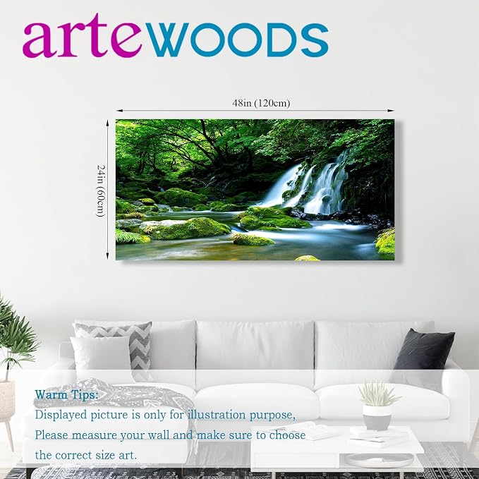 arteWOODS Waterfall Canvas Wall Art Living Room Decoration Large Nature Picture Artwork Modern Landscape Painting Green Forest Prints for Kitchen Office Wall Decor Home Decorations 24" x 48"