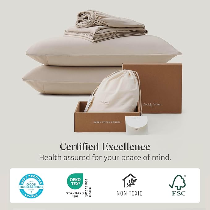 Double Stitch Cotton Tencel Sheet - Bed Sheets Set King Size, 4Pc Luxury Hotel Bedding Set, Soft, Cooling & Breathable for Hot Sleepers, Deep Pocket Up to 16 Inches, Sandstone