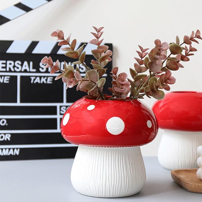 Mushroom Flower Vase Ceramic Vases Planter Flower Vase Home Decor | Little Mushroom Holder Cute Holder Decorative Mushroom Vase for Room Office Table Centerpiece Home Garden Decor (Red)