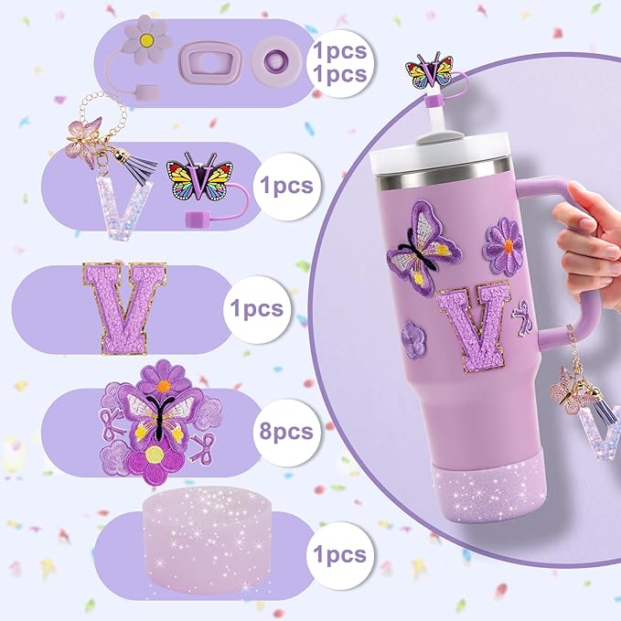 15PCS Cup Accessories Set for Stanley Cup 30oz 40oz Tumbler with Handle, Including Silicone Straw Cover and Boot, Spill Proof Stopper, Stanley Charms, Handle Charm, Initials Sticker