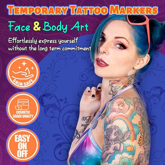 Temporary Tattoo Markers for Skin - Dual Tip 10 Colors Tattoo Pens for Skin Temporary, Washable Metallic Tattoo Markers with Stencils, Flexible Body Markers, Skin-Safe Face Paint Kit for Kids Adults