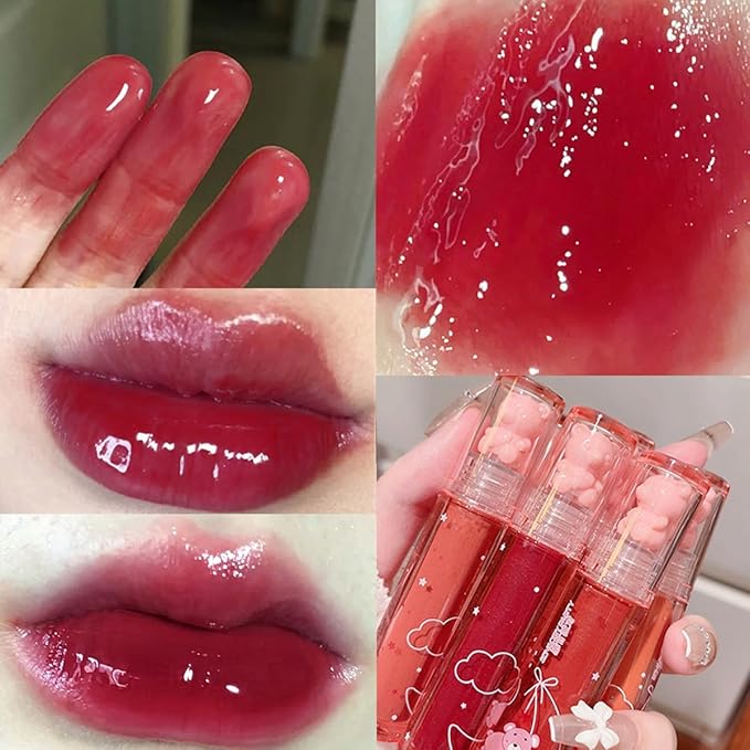 6 Colors Bear Lip Gloss,Jelly Lip Glaze,Cute Liquid Lipstick Bear Lip Stain Watery Lipgloss Plumping Lip Tint Moisturizing Waterproof Long Lasting for Lip and Cheek
