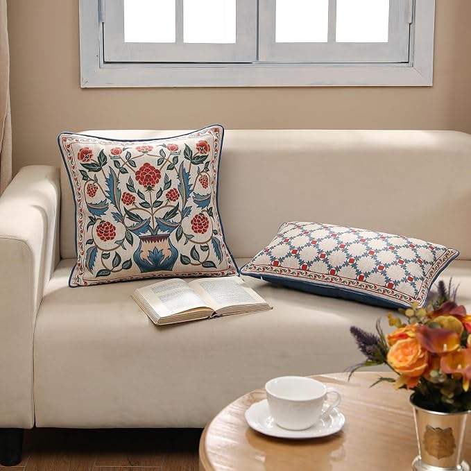 patdrea French Vintage Linen Throw Pillow Cover,18"x18",Set of 2-Puno B | Elegant Decorative Pillow Case with Zipper,Elegant Floral Pattern,Pillow Cover for Couch Living Room Bedroom Sofa