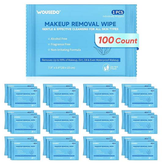 100 Count Makeup Remover Wipes, Bulk Gentle Cleansing Facial Towelettes, Individually Wrapped Travel Size,Alcohol-Free & Hypoallergenic for All Skin Types