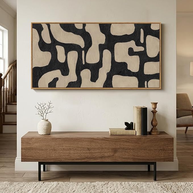 Large Framed Black and Beige Abstract Wall Art for Living Room, 30x60 In | Neutral pictures, Horizontal canvas prints, Wood frame, Modern minimalist artwork, Wall decor for bedroom dining room office