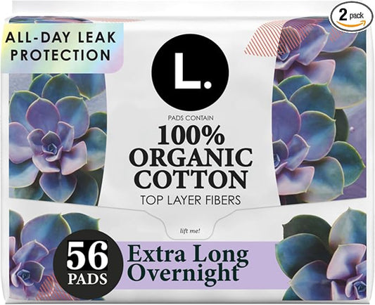 L. Extra Long Maxi Pads for Women, Overnight Absorbency, Organic Cotton Top Layer, Unscented Pads with Wings, 56 Count (2 Packs of 28)