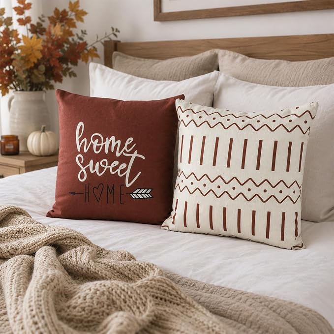 YCOLL Rust Linen Pillow Covers 20x20 Set of 4, Home Sweet Home Farmhouse Throw Pillow Covers, Holiday Decorative Cushion Covers for Sofa Couch Bed, Autumn Rustic Fall Decor