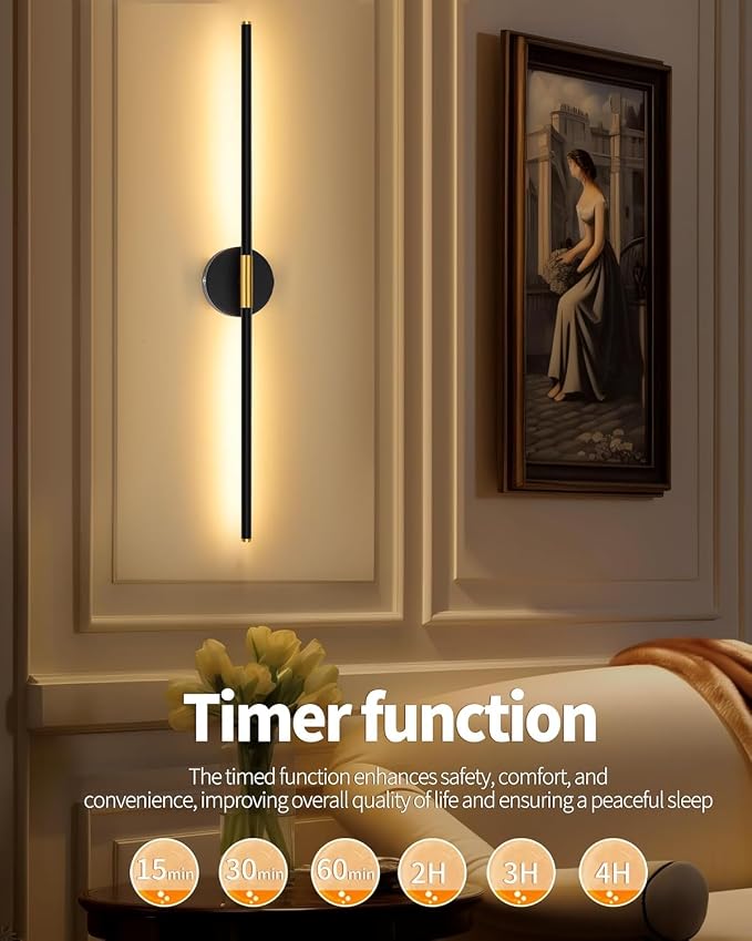 32" Battery Operated Wall Sconce Set of 2, Black Gold Wall Light | Wireless, 8000mAh Rechargeable Battery, Stepless Dimming, 3000K-6000K, Remote & Touch Control, Timer, Living Room, Bedroom