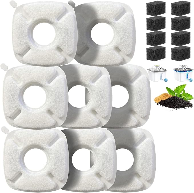 8 Pack Cat Water Fountain Filter Compatible with 67/95/135/85oz Automatic Pet Dispenser, Triple Filtration Dog Fountain Filter (8 Carbon Filters+8 Sponge Filters)
