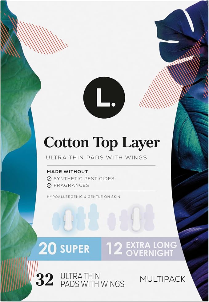 L. Ultra Thin Pads for Women, Organic Cotton Top Layer, Super + Extra Long Overnight Duo Pack Absorbency, Menstrual Pads with Wings, 32 Count