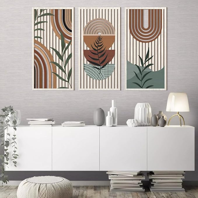 IARTTOP Large Boho Wood Wall Art 16x32 Inch Mid Century Modern Bohemian Wooden Wall Decor Brown Minimalist Geometric Plant Decor for Bedroom Living Room Dining Room Set of 3
