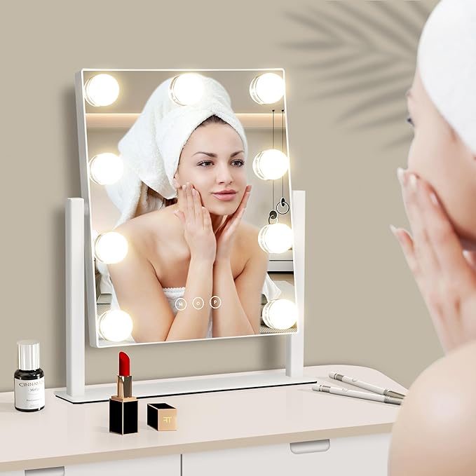 NUSVAN Vanity Mirror with Lights, Makeup Mirror with Lights,3 Color Lighting Modes Detachable 10X Magnification Mirror Touch Control,360°Rotation, White.
